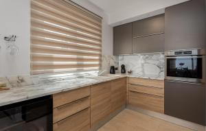 a kitchen with wooden cabinets and stainless steel appliances at Amazing Apartment In Icici With Kitchen in Ičići