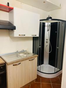 a bathroom with a shower with a sink and a sink at Venice villa apartment in Mestre