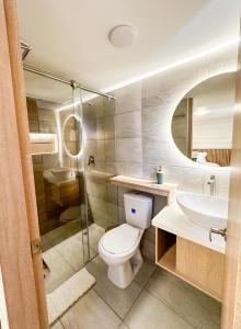 a bathroom with a toilet and a sink and a mirror at Hotel Santa Elena Norte in Tunja