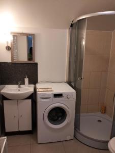 a bathroom with a washing machine and a sink at Pokoje Pod Dębowcem in Bielsko-Biala