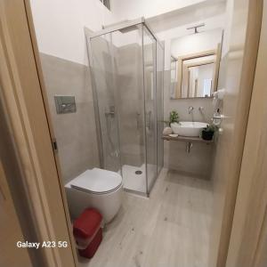 a bathroom with a shower and a toilet and a sink at S'Arrollieddu in Villaputzu
