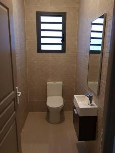 a bathroom with a toilet and a sink and a window at Case Terre Sainte - Maison meublée F3 in Saint-Pierre +19 photos