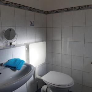 a white bathroom with a toilet and a sink at Nordseeferienhaus Peter in Niebüll +14 photos