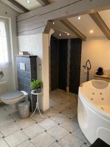 a large bathroom with a tub and a toilet at Duplex Ferienwohnung Edelweiss in Grächen +17 photos