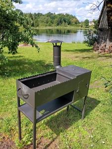 Una parrilla en el césped junto a un lago en Ezerkalnunams, en Talsi