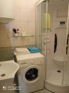 a bathroom with a washing machine and a shower at Apartmani Anđelo, Tommy, Leon in Bibinje