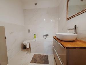 a white bathroom with a sink and a toilet at Willa Tradycja 2 in Gdańsk