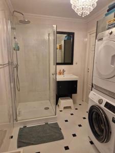ein Badezimmer mit Dusche und Waschmaschine in der Unterkunft Zapraszamy w nasza słoneczna Przestrzeń in Søgne