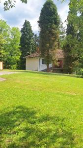 a large yard with a house in the background at Smeštaj Gokčanica in Gokčanica