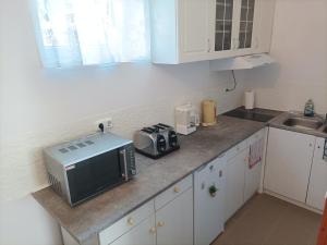 a kitchen with a microwave and a toaster oven on a counter at Kolon Vendégház in Zalavár