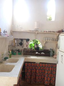 een keuken met een aanrecht met een wastafel en een koelkast bij Madakani House in Lamu +110 foto's