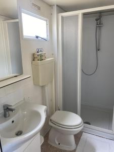 オリヴェーリにあるBaia del Principe MobilHomeのトイレ、洗面台、シャワー付きのバスルーム +26枚の写真