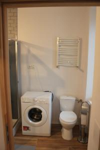 a bathroom with a toilet and a washing machine at Stargard Apartamenty Centrum in Stargard