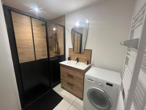 une salle de bains avec lave-linge et lavabo dans l'établissement La maison du bourg, à Candé-sur-Beuvron