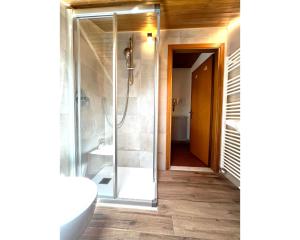 ein Badezimmer mit Dusche und Waschbecken in der Unterkunft Moena Appartamenti in Moena + 38 Fotos
