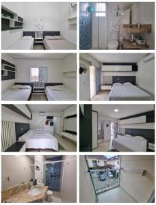 quatre photos d'une chambre avec un lit et une salle de bain dans l'établissement CASA EM CONDOMÍNIO ARBORIZADO PERTO DA PRAIA Confortável e Espaçosa, à São Sebastião 1 autre photo