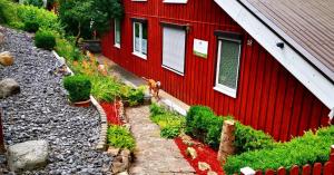 a dog standing in front of a red house at Haus Waldblick in Extertal