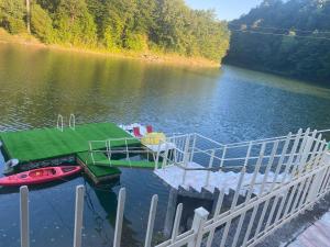 un muelle con un barco en un lago en Leo Green House, en Moara Ungurului