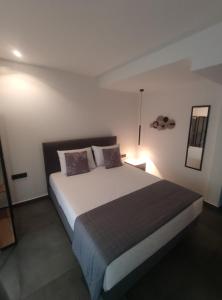 ein Schlafzimmer mit einem großen Bett in einem Zimmer in der Unterkunft ZEN STUDIO Iv in Ioannina