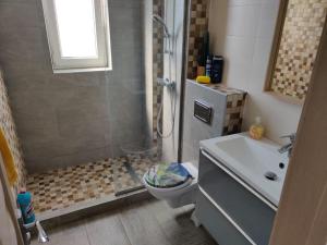 ママイア・ノルドにあるZenovis apartamentのシャワー、トイレ、洗面台を備えたバスルーム