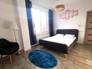 ママイア・ノルドにあるZenovis apartamentのベッドルーム1室(ベッド1台、椅子、ブルーラグ付)