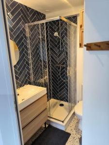 Un baño con ducha, lavabo e inodoro. en Studio à 100 m de la plage PIQUOT 44, en Granville