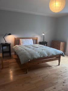 un letto in una camera da letto con due tavoli e una lampada di Spacious one bed apartment in the centre of Bray a Bray