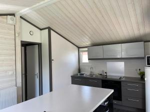 a kitchen with black cabinets and a white counter top at Chalet de la plage in Arvieu