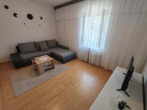 een woonkamer met een bank en een tafel bij Apartment Dora in Draga Bašćanska