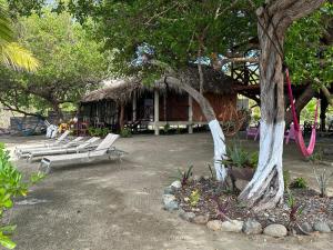 a group of benches sitting in front of a hut at Cabañas Dobles Barra la Saladita in La Salada +6 photos