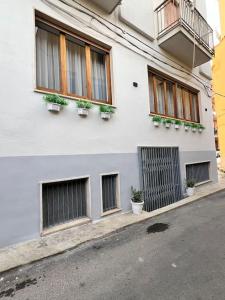 a white building with windows and potted plants on it at Casa Vacanze Tirreno in Trabia