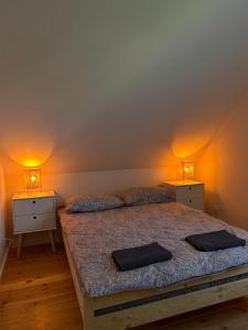 a bedroom with two beds with two lamps on them at Letnia Ostoja Wieprz nad Jeziorakiem in Zalewo