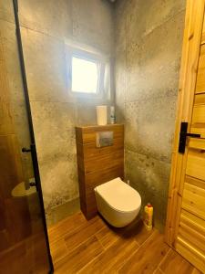a small bathroom with a toilet and a window at Letnia Ostoja Wieprz nad Jeziorakiem in Zalewo