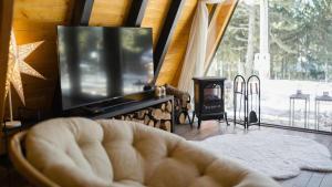a living room with a television and a fireplace at Forest House A Frame in Risovac
