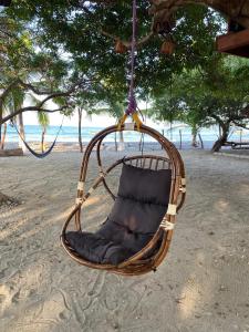 a swing hanging from a tree on the beach at Casa del Árbol Barra la Saladita in La Salada +4 photos