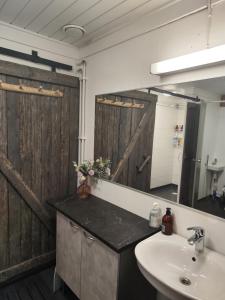 a bathroom with a sink and a mirror at Kyyjärvi Camping And Hotels Oy in Kotkaniemi +35 photos