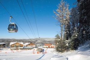 a ski slope with a ski lodge and a ski lift at Logis Hôtel La Petite Chaumière in Gex +7 photos