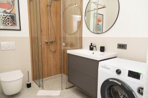 a bathroom with a sink and a washing machine at SEKLER Apartments in Cluj-Napoca