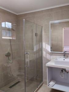 a bathroom with a shower and a sink at Puerta Del Sol 6 in Oranjestad