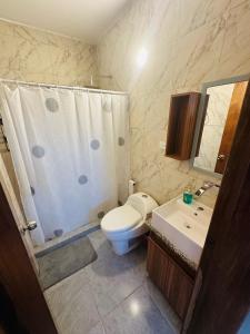 a bathroom with a toilet and a shower and a sink at Albertina Suites in El Yaque