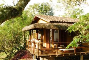 een huis met een rieten dak in een bos bij Pousada e SPA Bromelias in Paraty