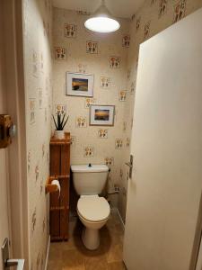 a bathroom with a toilet and pictures on the wall at Appartement ARCACHON in Arcachon