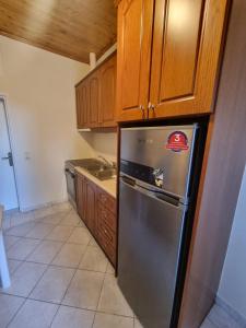 a kitchen with a stainless steel refrigerator and wooden cabinets at Nature's Nook Paxos in Vlachopoulátika +5 photos