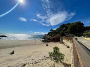 a sandy beach with a palm tree and the ocean at Cap Salou CALA FONT in Salou