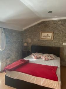 een slaapkamer met een bed met een rode deken erop bij Casa do Carqueijo in Vila Praia de Âncora