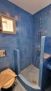 a blue bathroom with a toilet and a shower at Nostos Beach in Kamari +56 photos