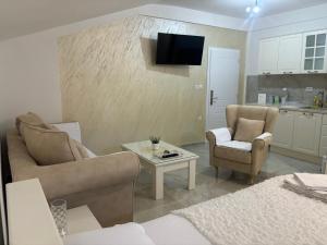 a living room with a couch and chairs and a tv at Apartmani Karach in Star Dojran