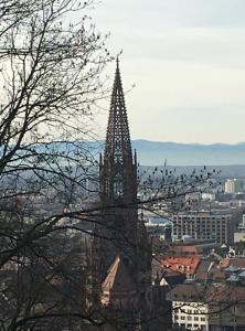 a tall building with a spire in a city at Haus Anneliese in Herbolzheim