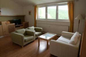 a living room with two chairs and a coffee table at S4 Červenohorské sedlo in Loučná nad Desnou