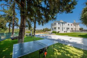 a ping pong table next to a tree in front of a house at Dias Luxury Villa in Koskinou